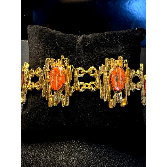 Vintage Bracelet Oval Acrylic Orange Cabochons Gold Tone Adjustable Chain 1960s - Picture 1 of 8